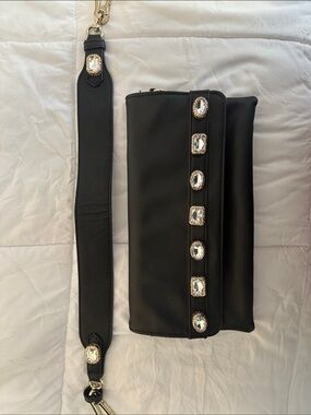 Steve Madden Black Fold-Over Crossbody Clutch with Gold Logo